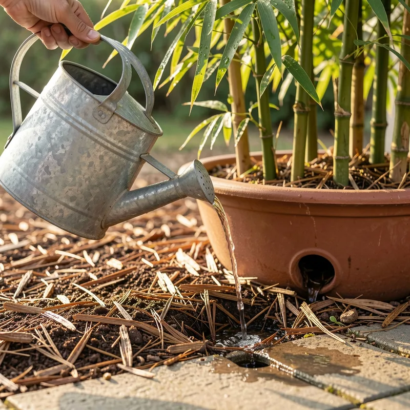 Arrosoir en métal versant lentement de l eau au pied d un bambou en bac paillé d écorces sur une terrasse