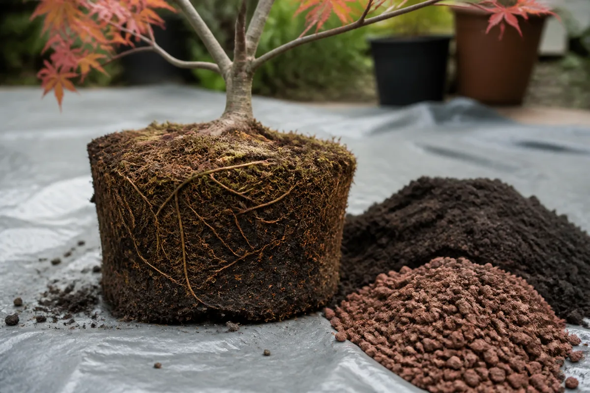 Motte d un érable du Japon posée sur une bâche avec substrat de terre de bruyère et pouzzolane prêts au rempotage